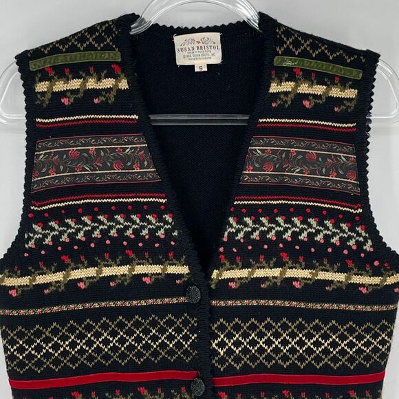 Vintage 80s SUSAN BRISTOL Sweater Vest Women's Small Black Red Floral Wool 90s - Picture 2 of 12